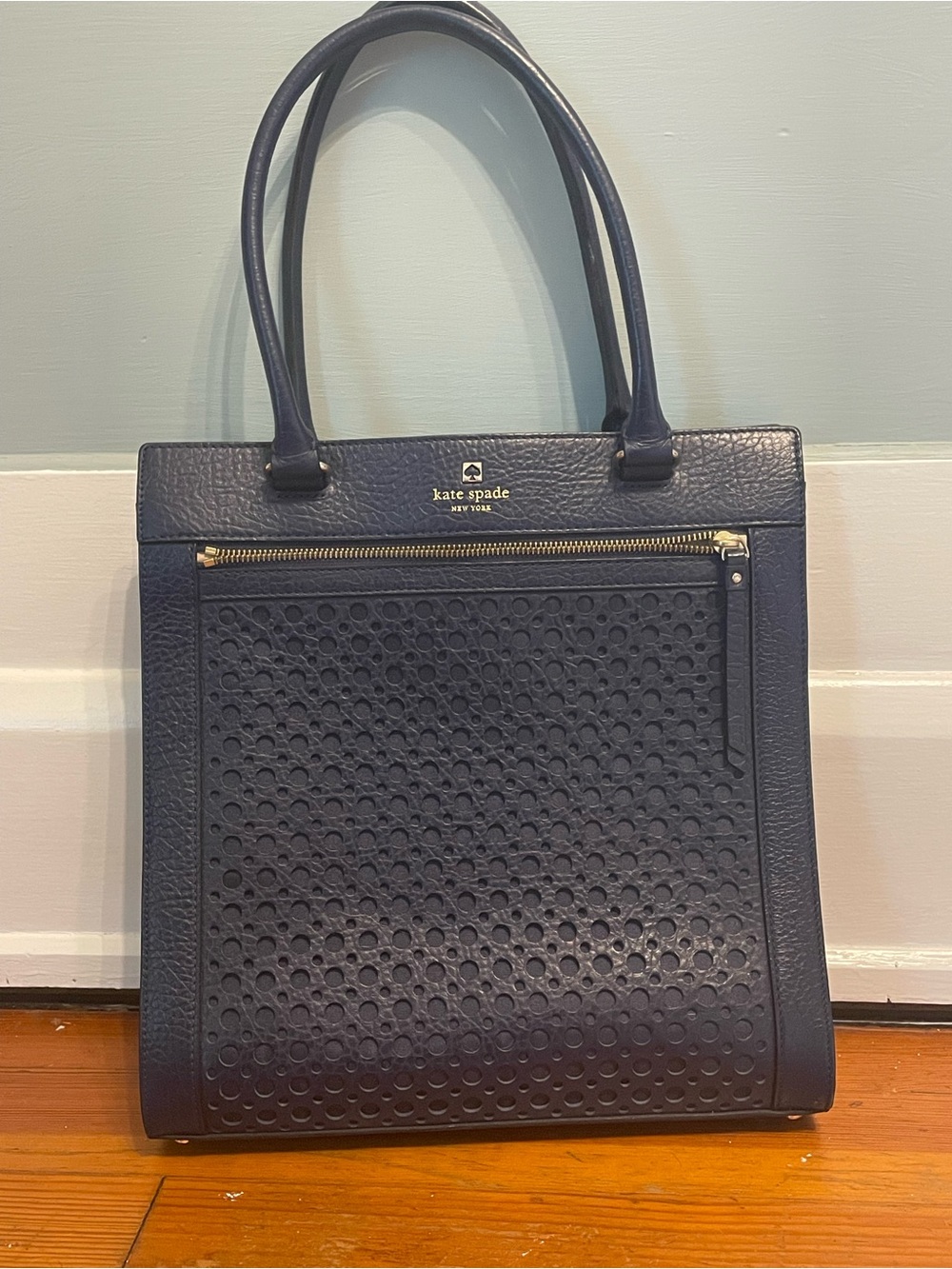 Kate Spade Perri Lane "Bubbles" Lynne Perforated Leather Tote Bag - Navy Blue
